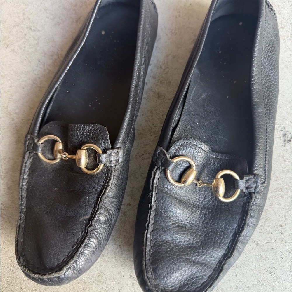 Gucci Black Leather Moccasins with Gold Accents